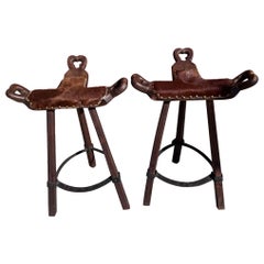 Primitive Asian Birthing Chair Inspired Bar Stools Upholstered In Cowhide, Pair