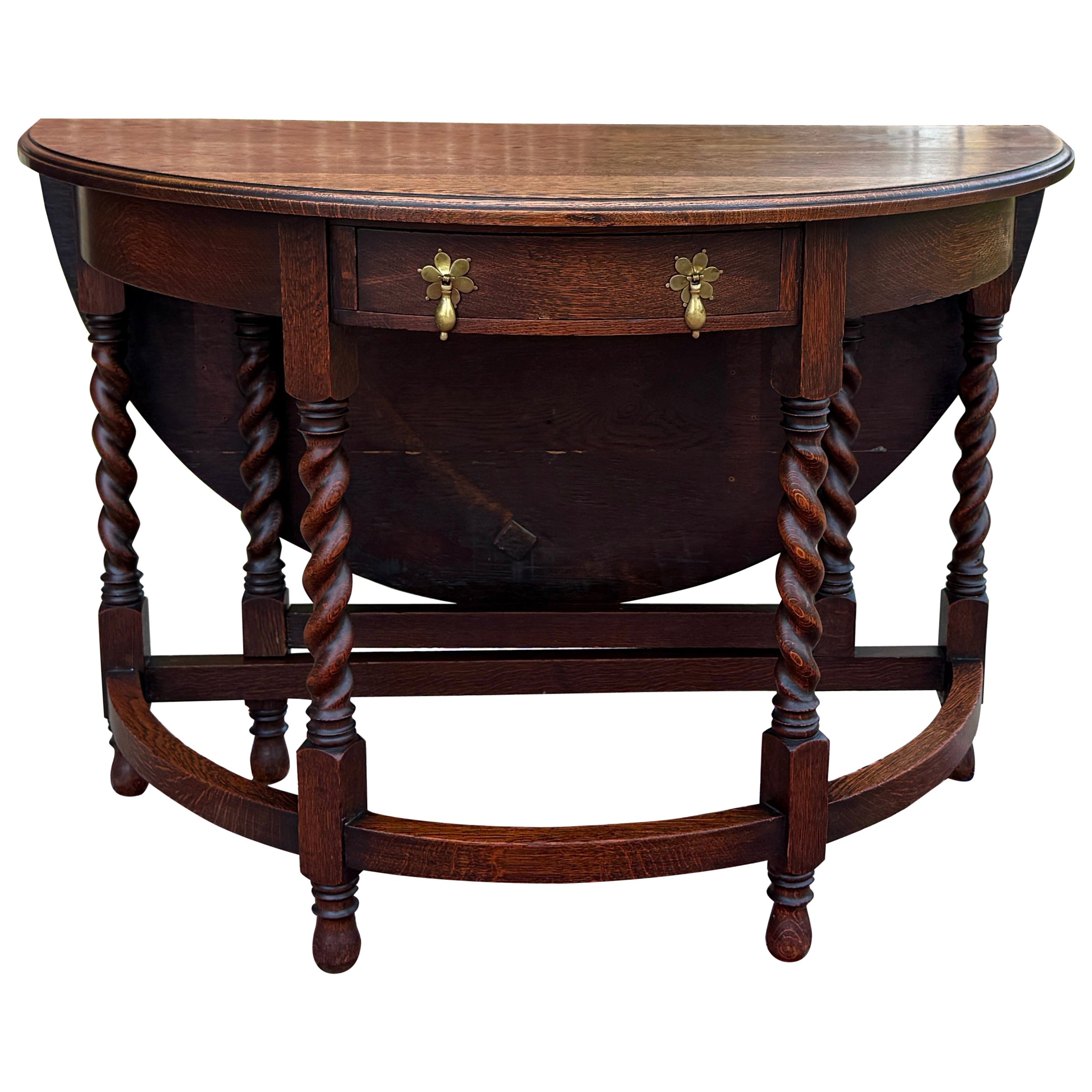 Antique English Demilune Table Drop Leaf Barley Twist w Drawer Oak ROUND 1920-30 For Sale