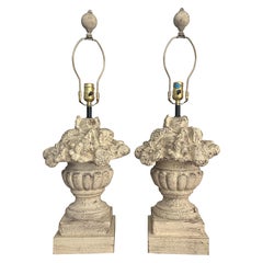 Vintage French Style Topiary Fruit Bowl Carved Wood Table Lamps, a pair