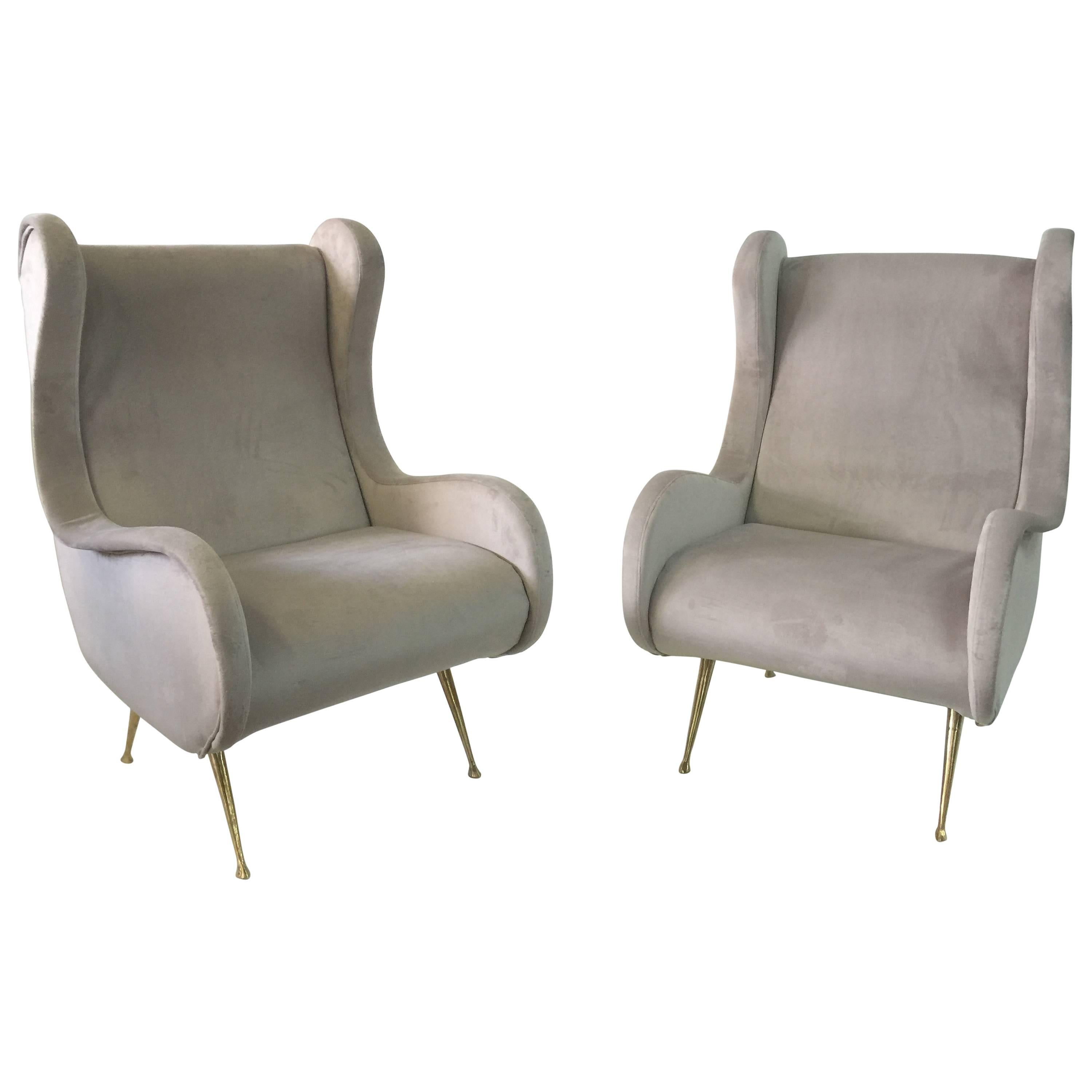 Zanuso Style Pair of Important Italian Winged Armchairs