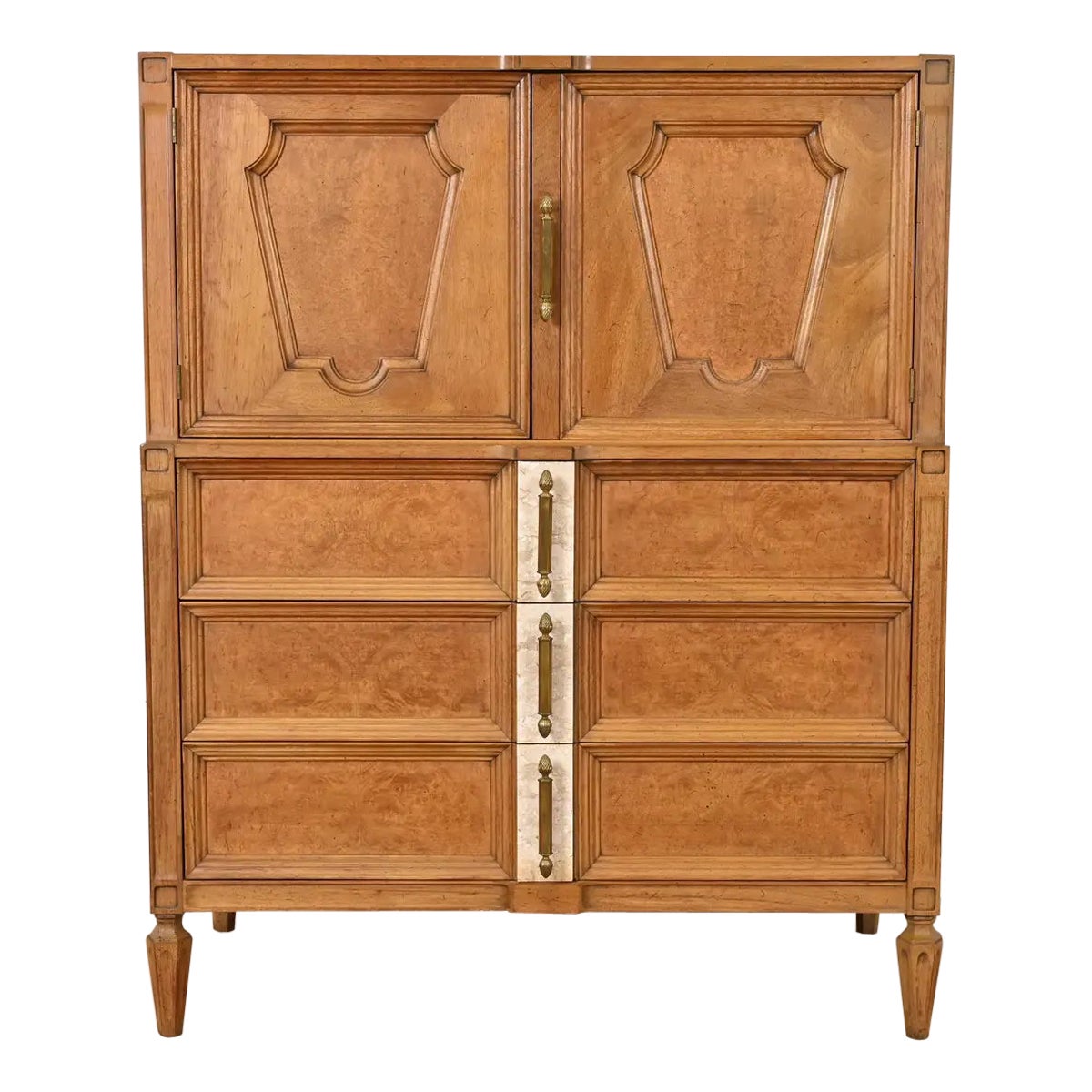 Cómoda de caballero Romweber de mediados de siglo de la Regencia de Hollywood en madera de burl, circa 1960