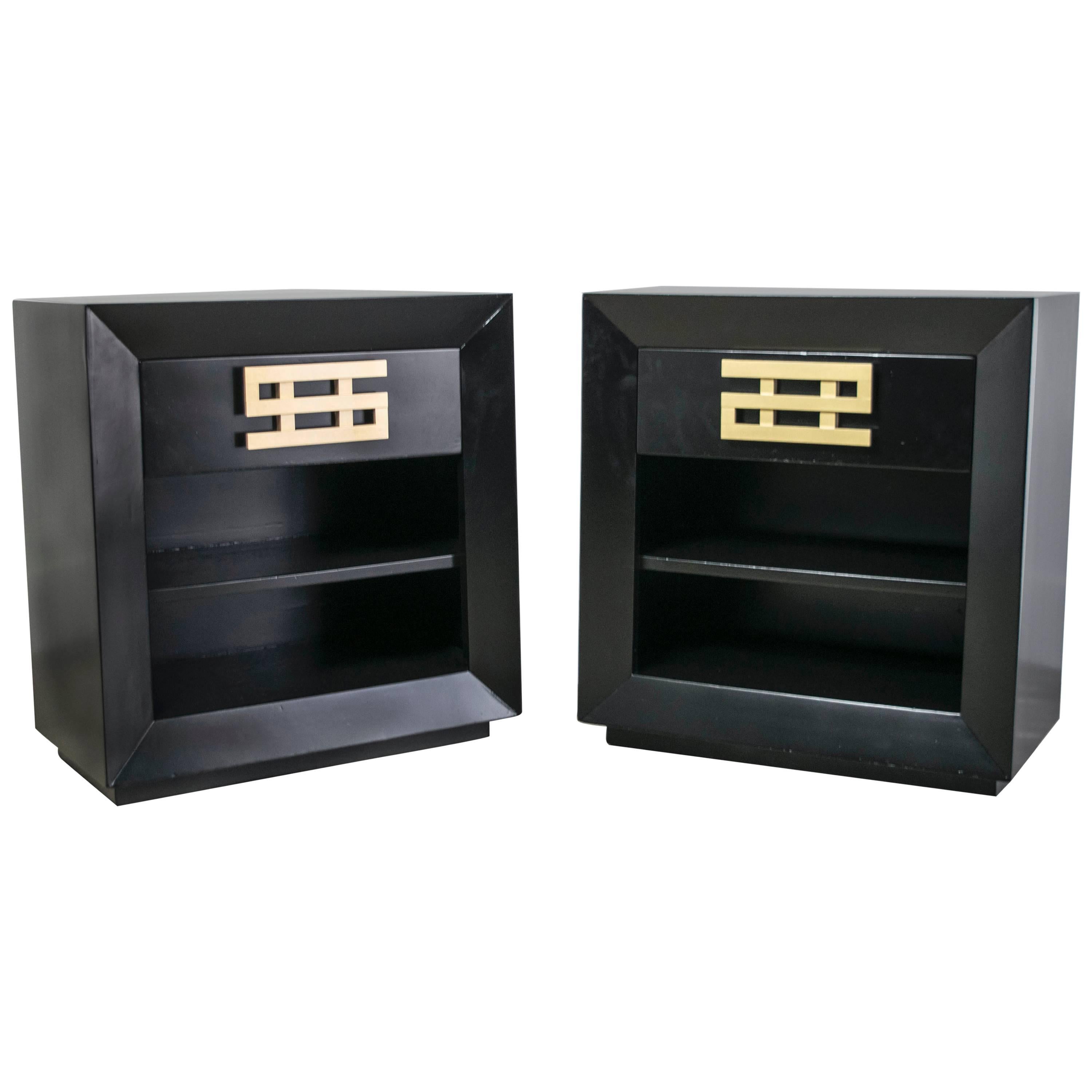 Mid Century Ebonized Nightstands with Brass Hardware For Sale