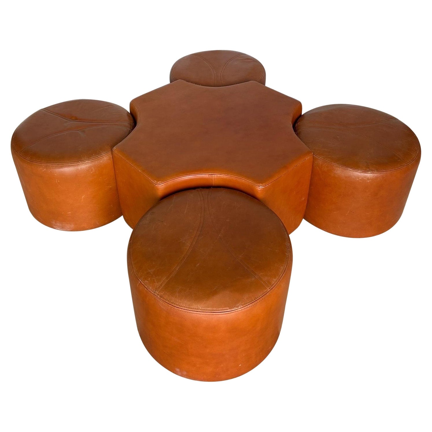 Fabulous 5 piece leather ottoman set attributed to Pierre Cardin