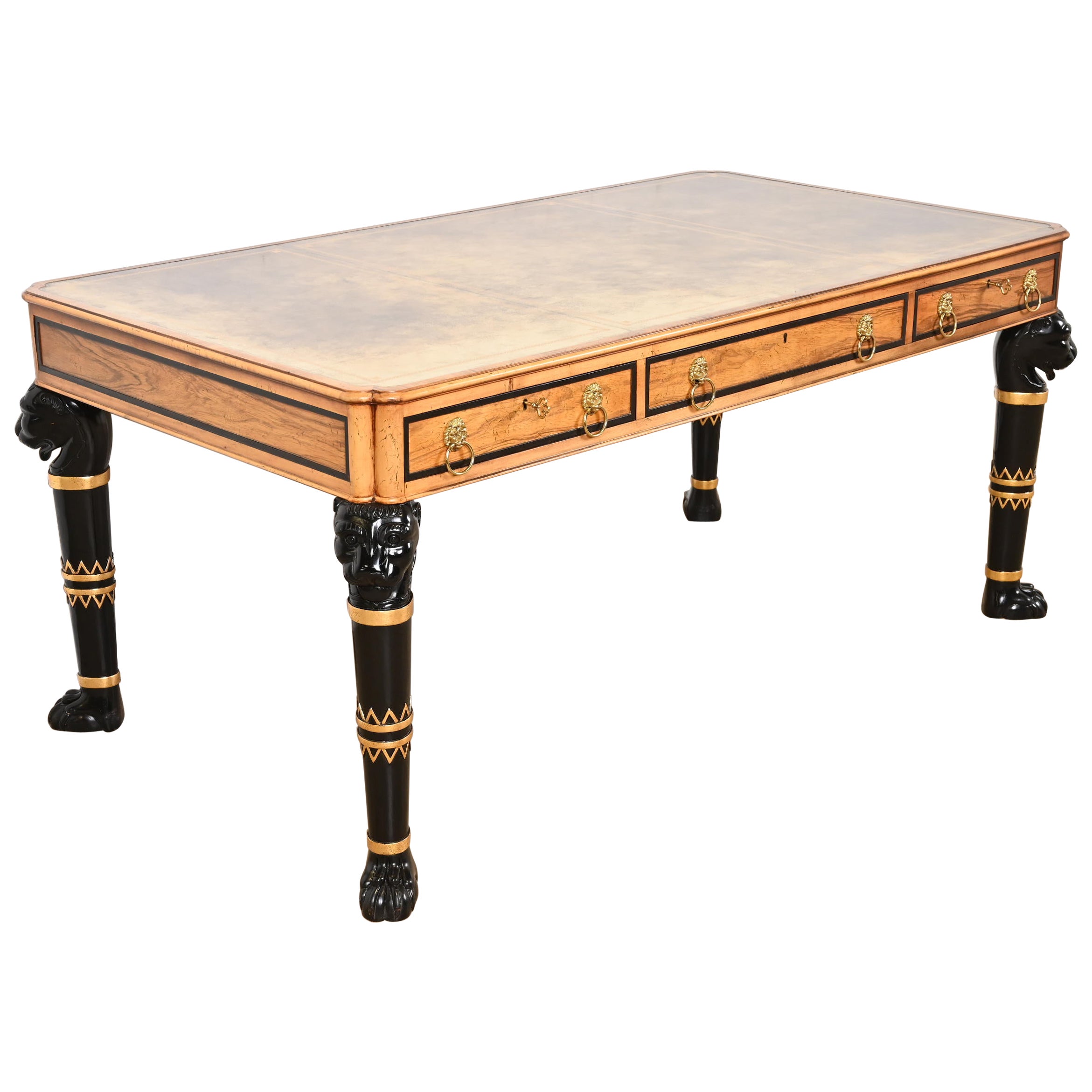 Baker Furniture Egyptian Revival Rosewood Leather Top Executive Bureau Plat Desk