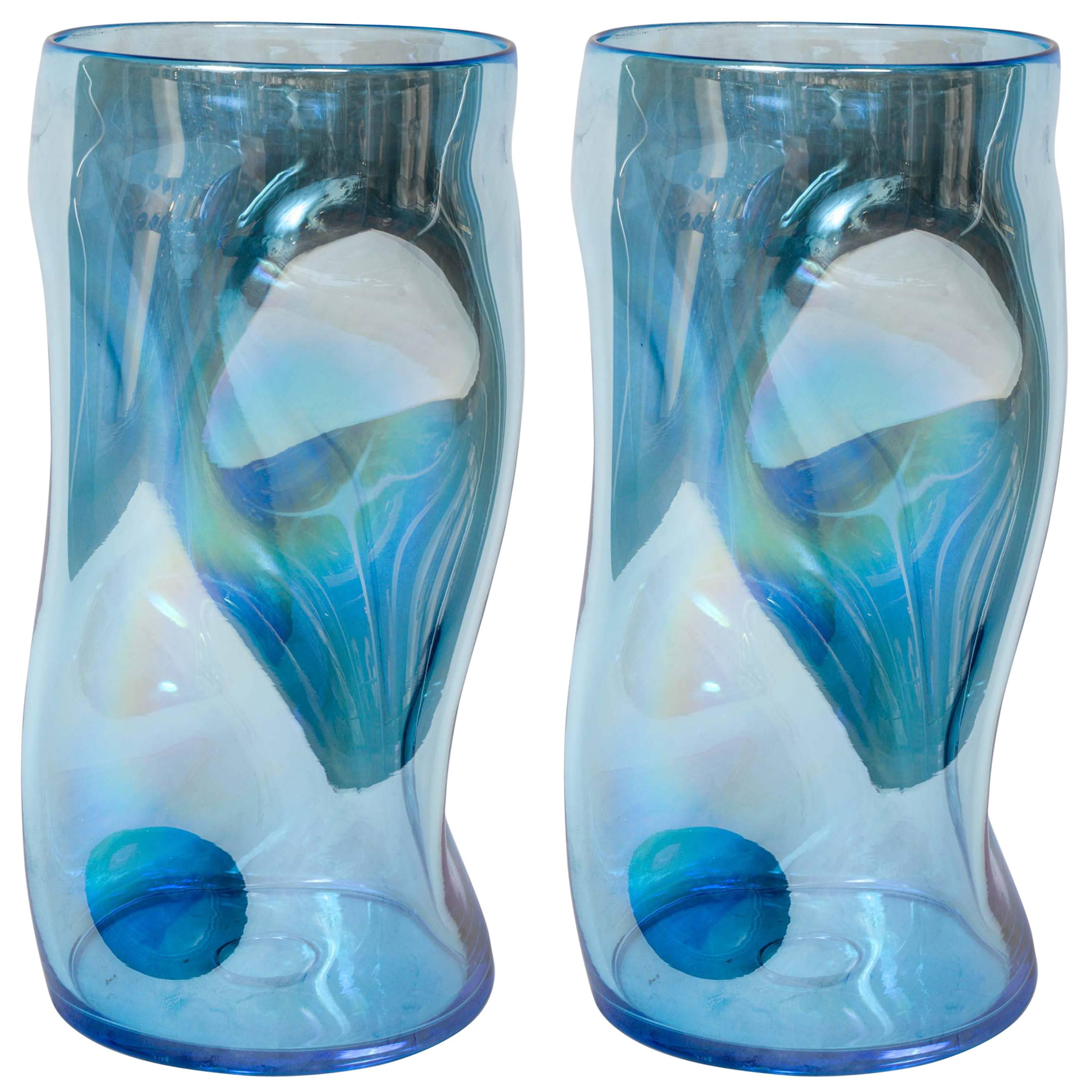 Pair of Iridescent and Curved Blue Murano Glass Vases