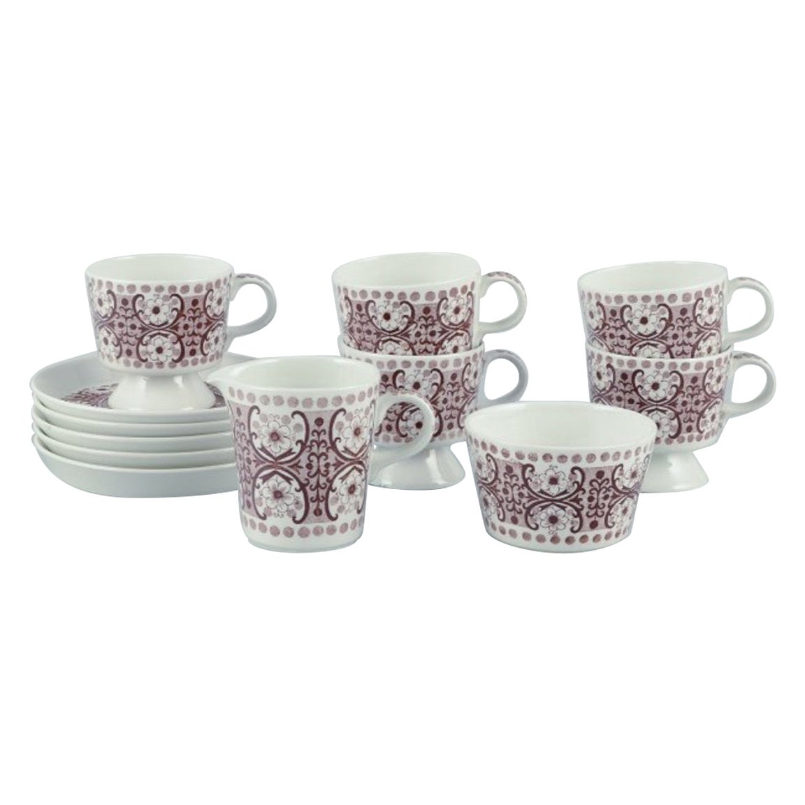 Raija Uosikkinen, Arabia. Five ‘Ali’ coffee cups & saucers, sugar bowl, creamer.