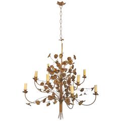 Large 1940s French Gold Trailing Flower and Leaf Ornate Metalwork Chandelier