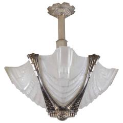 Antique French Art Deco Frosted Art Glass and Nickeled Bronze Chandelier Signed Gilles