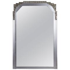 Large French Art Deco Silvered Beveled Mirror with Fluting and Stylized Detail