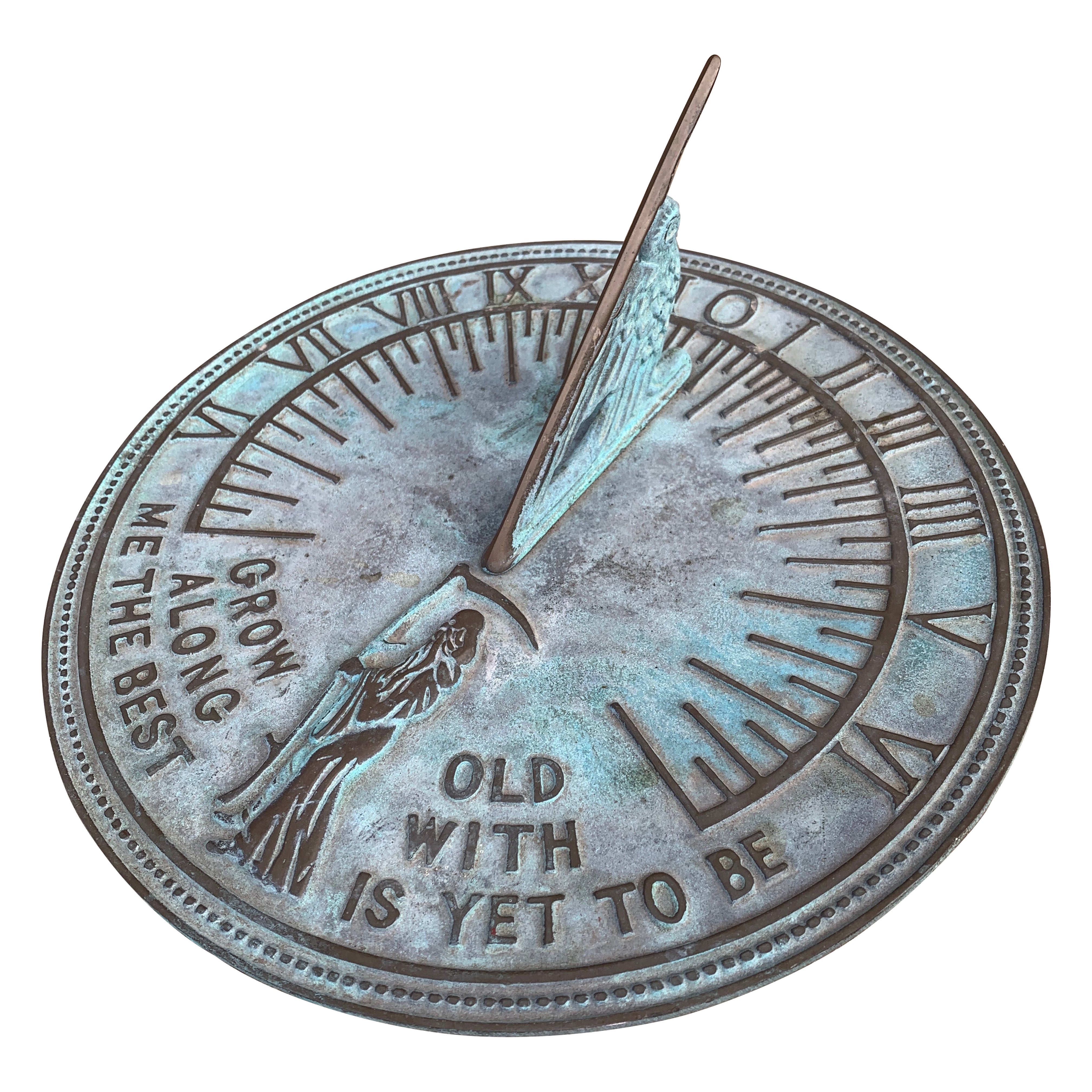 Vintage English Country Iron Garden Sundial "Grow Old Along With Me" For Sale