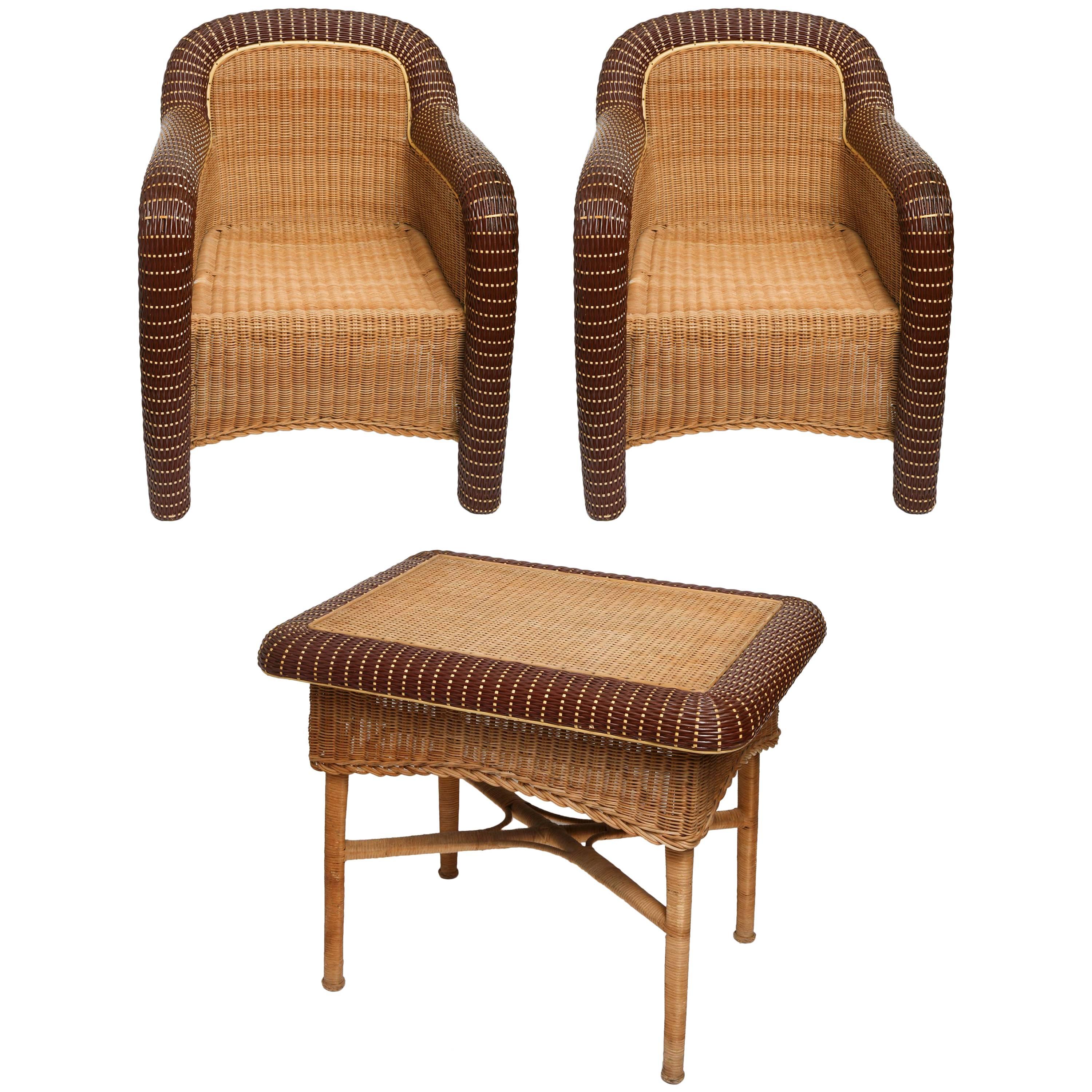 Pair of French Vintage Provence Rattan Armchairs with Table