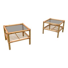 Set of 2 Vintage Bamboo and Glass Side Tables, 1970s