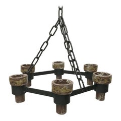 Vintage Mid-Century Scandinavian Brutalist Candle Chandelier in Wrought Iron, 1960s