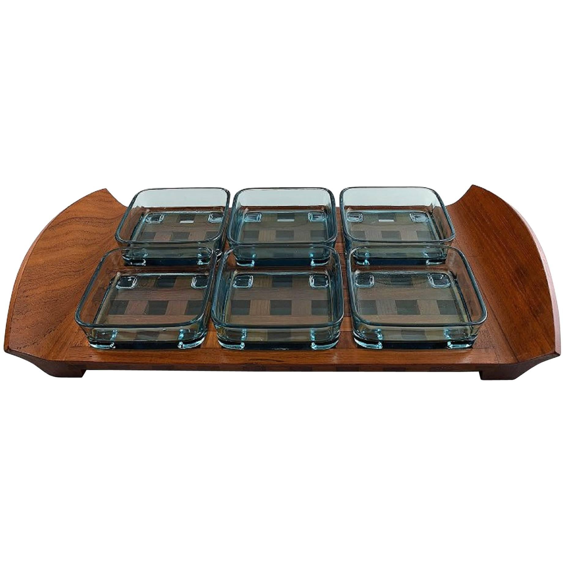 Jens Harald Quistgaard, Tray in Teak with Six Containers in Colored Glass