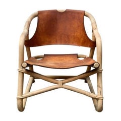 Mid-Century Danish Bamboo and Leather Safari Lounge Chair, 1960s