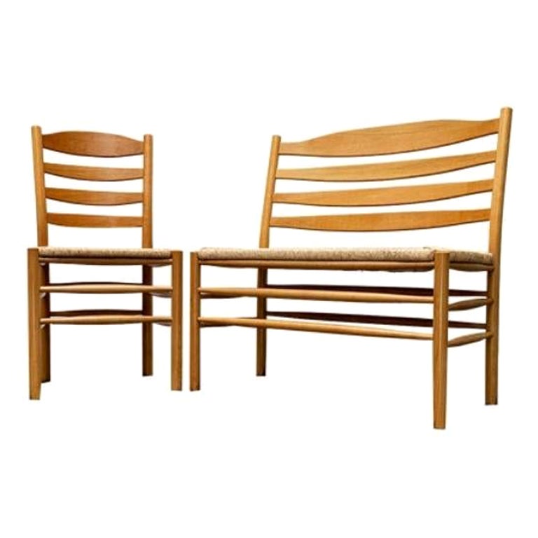 Set of 2 Scandinavian Papercord Bench and Chair in Oak from TS For Sale