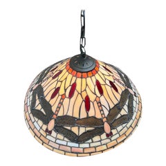 Vintage Tiffany Dragonfly Design Glass Pendant Lamp
