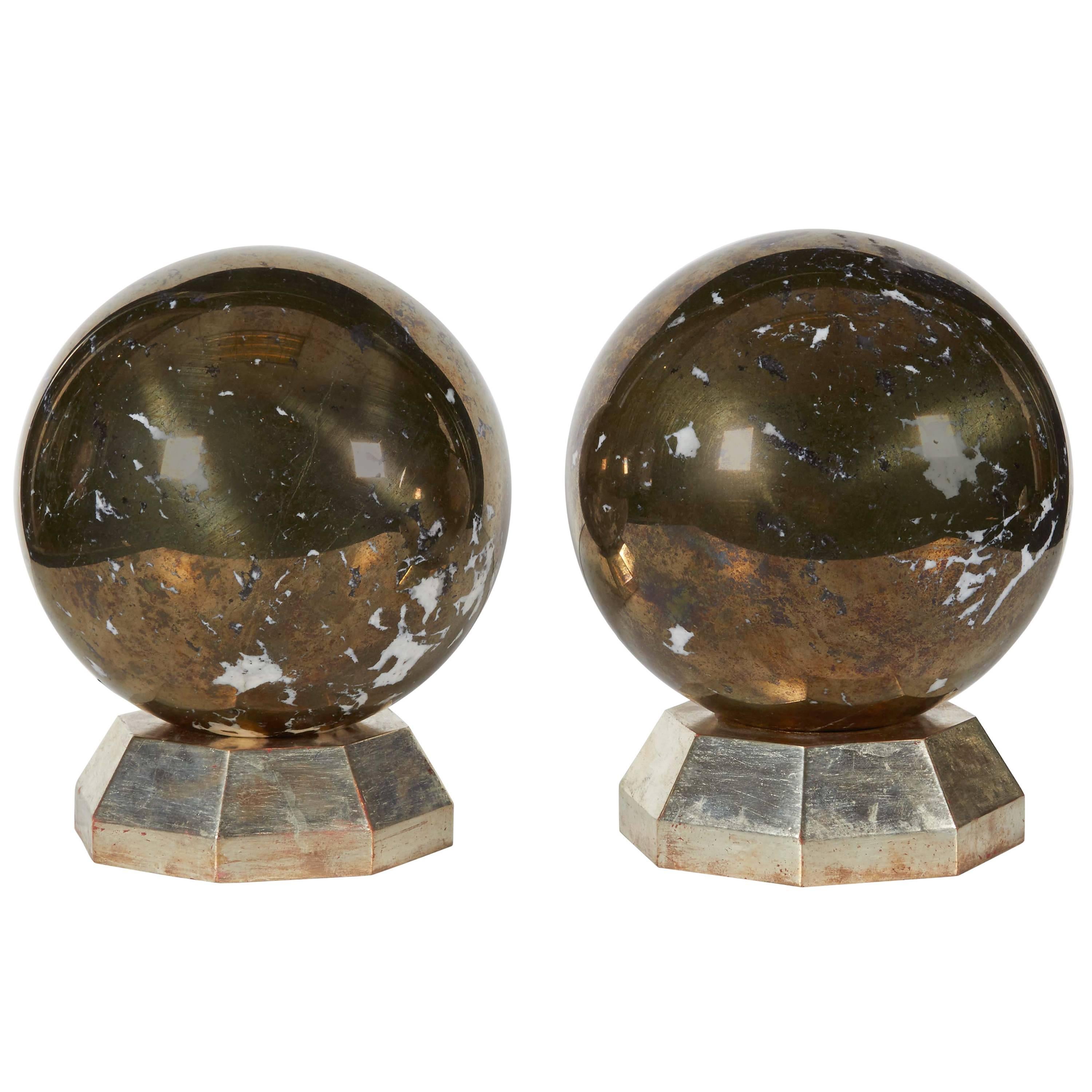 Fine Pair of Art Deco Jansen Style Platinum/Steel Marble Spheres on Stands