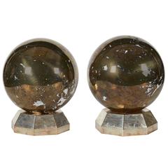Fine Pair of Art Deco Jansen Style Platinum/Steel Marble Spheres on Stands 12