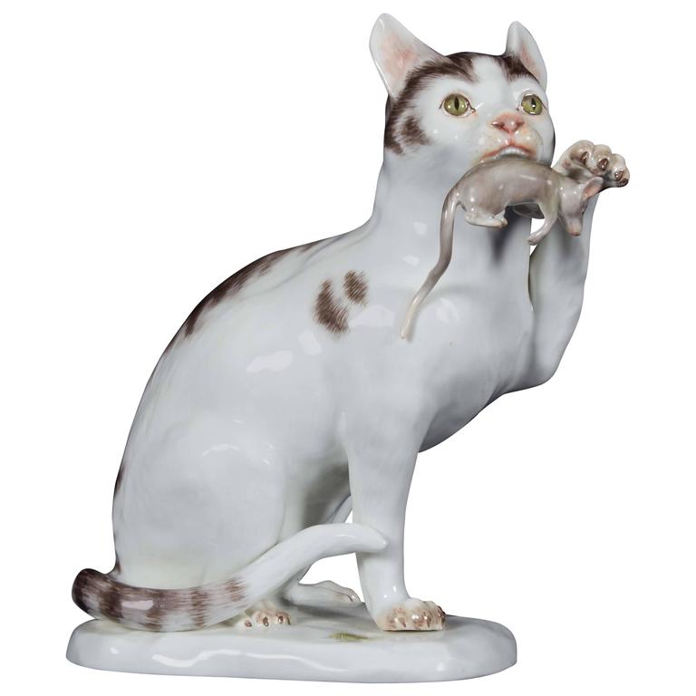 Meissen Porcelain Group of a Seated Cat, after a Fine Catch, Early 1900s
