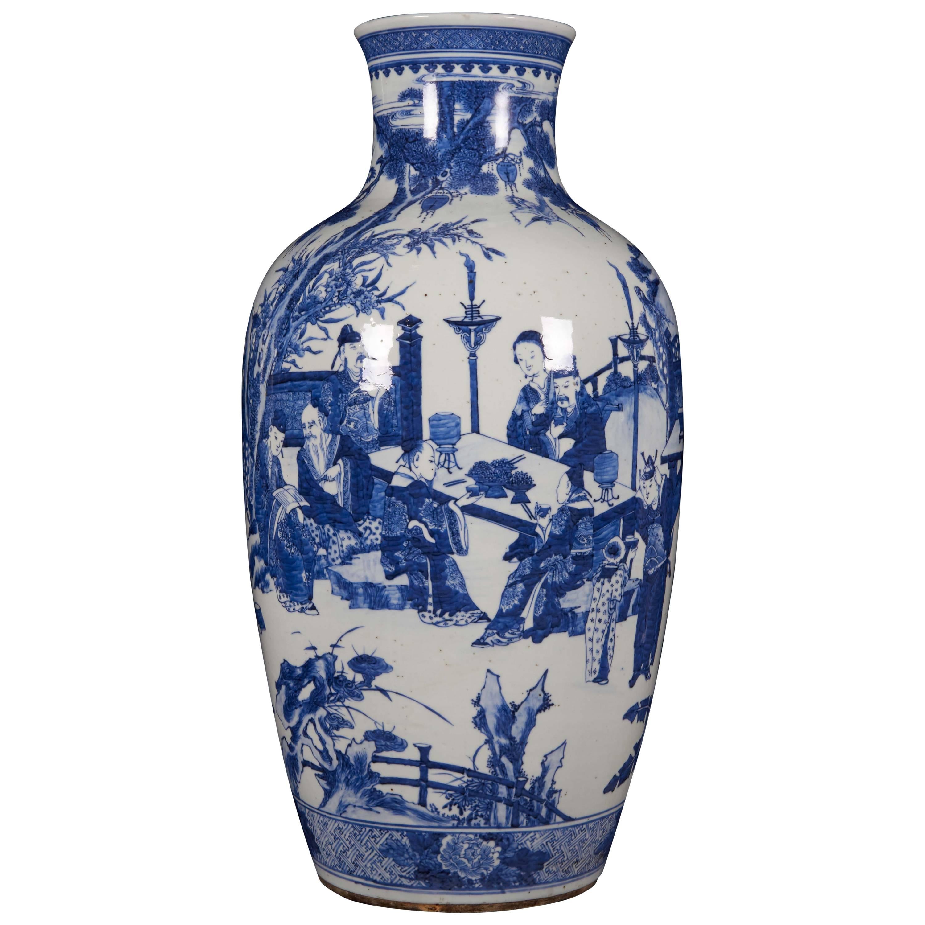 Large Chinese Porcelain Figural Blue and White Vase, 19th Century