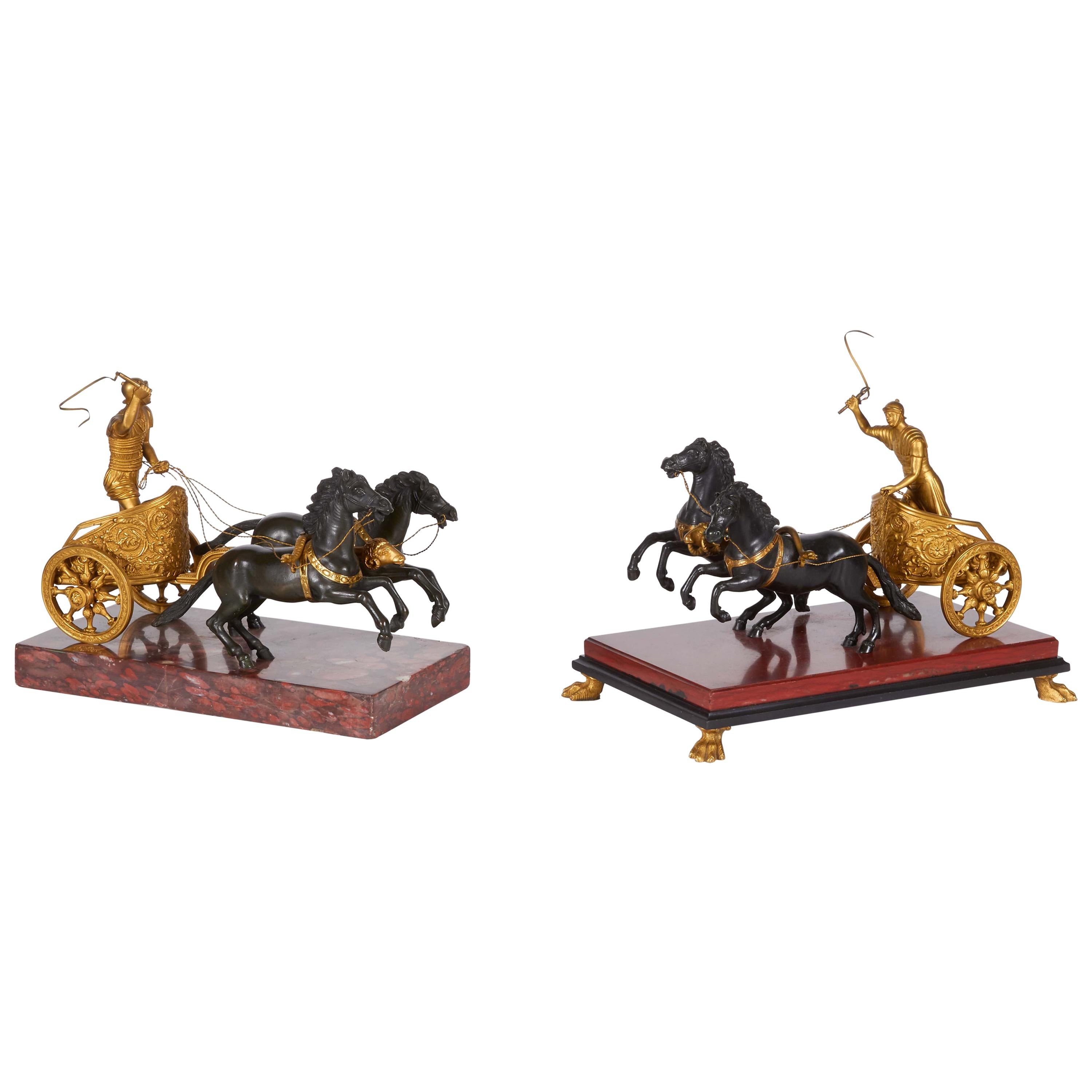 Pair of Neoclassical Grand Tour Roman Patinated and Ormolu Horse-Drawn Chariots