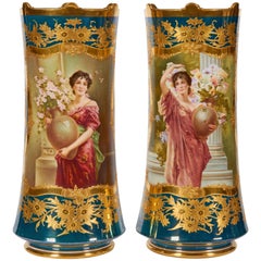 Pair of Berlin KPM Porcelain Vienna Style Iridescent-Green Ground Portrait Vases