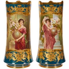 Pair of Berlin KPM Porcelain Vienna Style Iridescent-Green Ground Portrait Vases 12