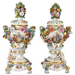 Monumental Pair of Meissen Porcelain Pot-Pourri Vases, circa 1850