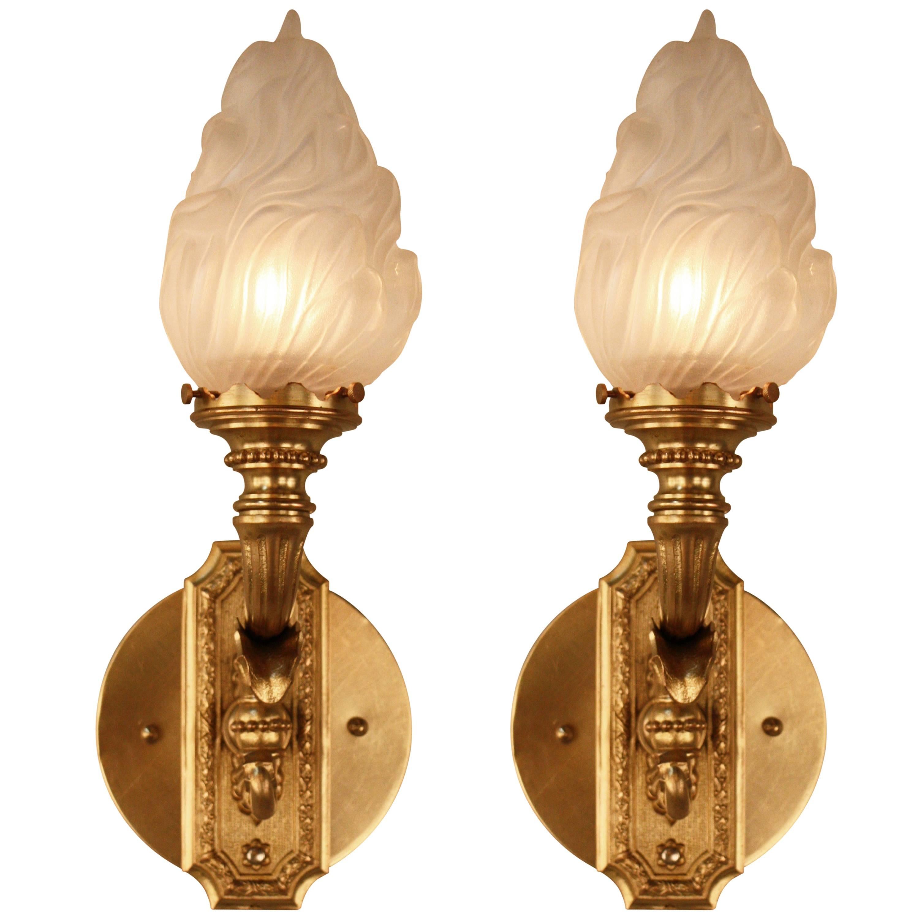 Pair of Bronze Torch Flame Glass Wall Sconces