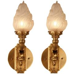 Pair of Bronze Torch Flame Glass Wall Sconces