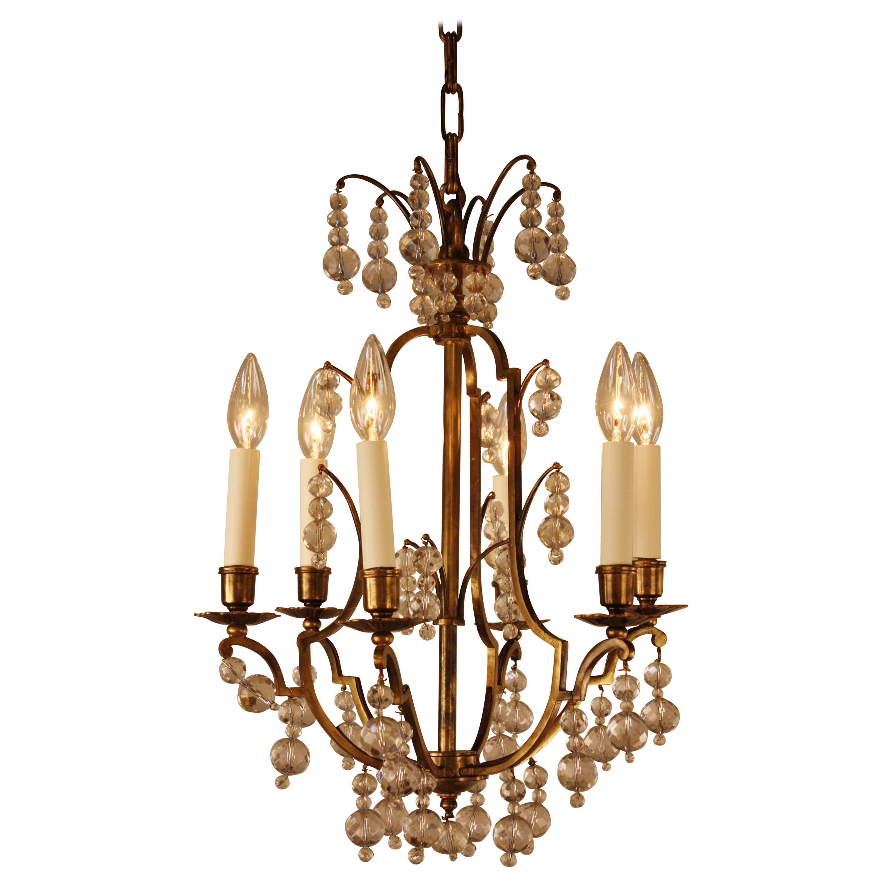 French Teardrop Crystal and Bronze Chandelier