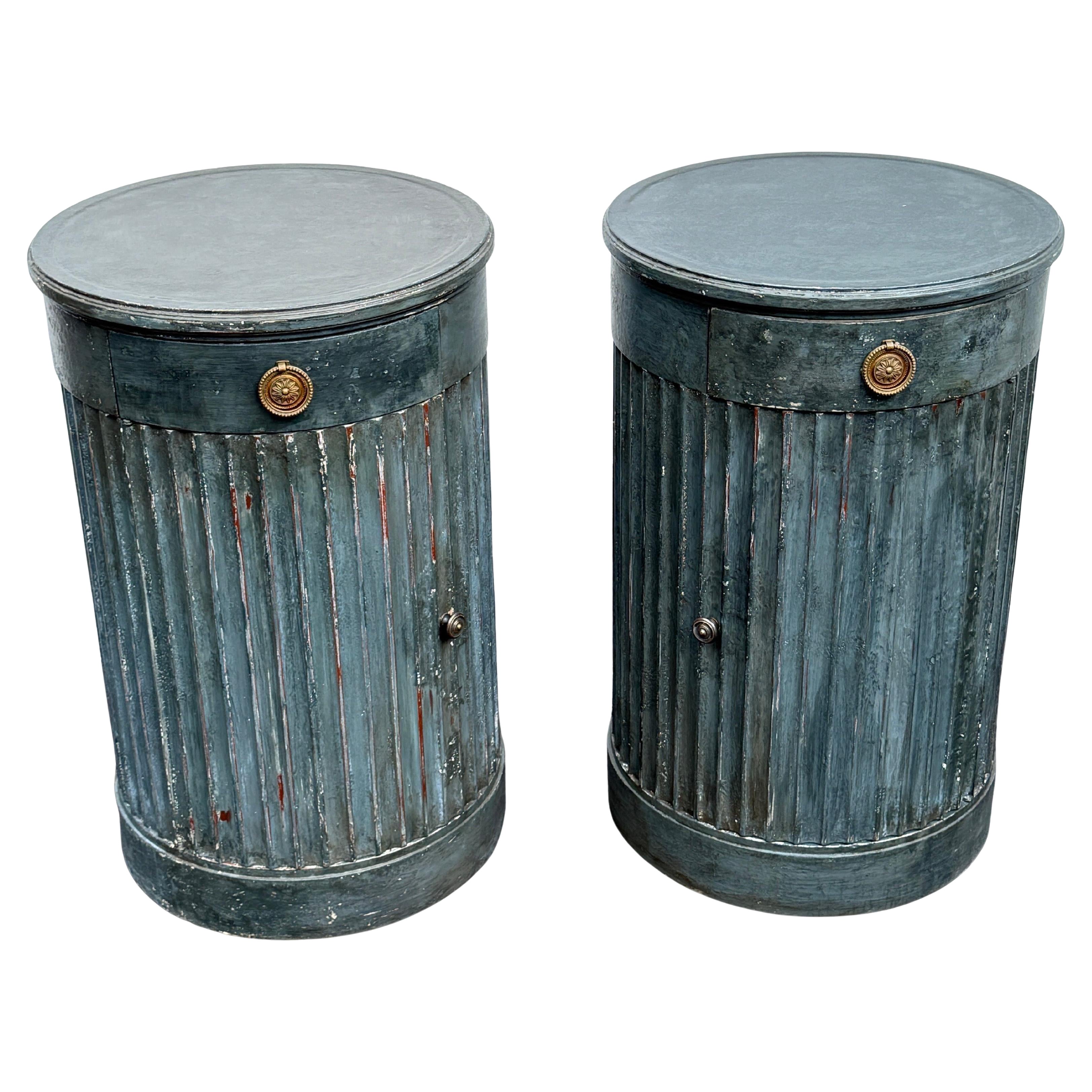 Pair of French Blue Painted Fluted Bedside Column End Tables with Drawer