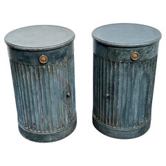 Pair of French Blue Painted Fluted Bedside Column End Tables with Drawer