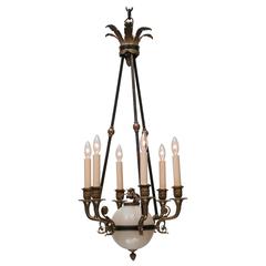 Bronze and Alabaster Six-Light Empire Style Chandelier, Austria, circa 1890