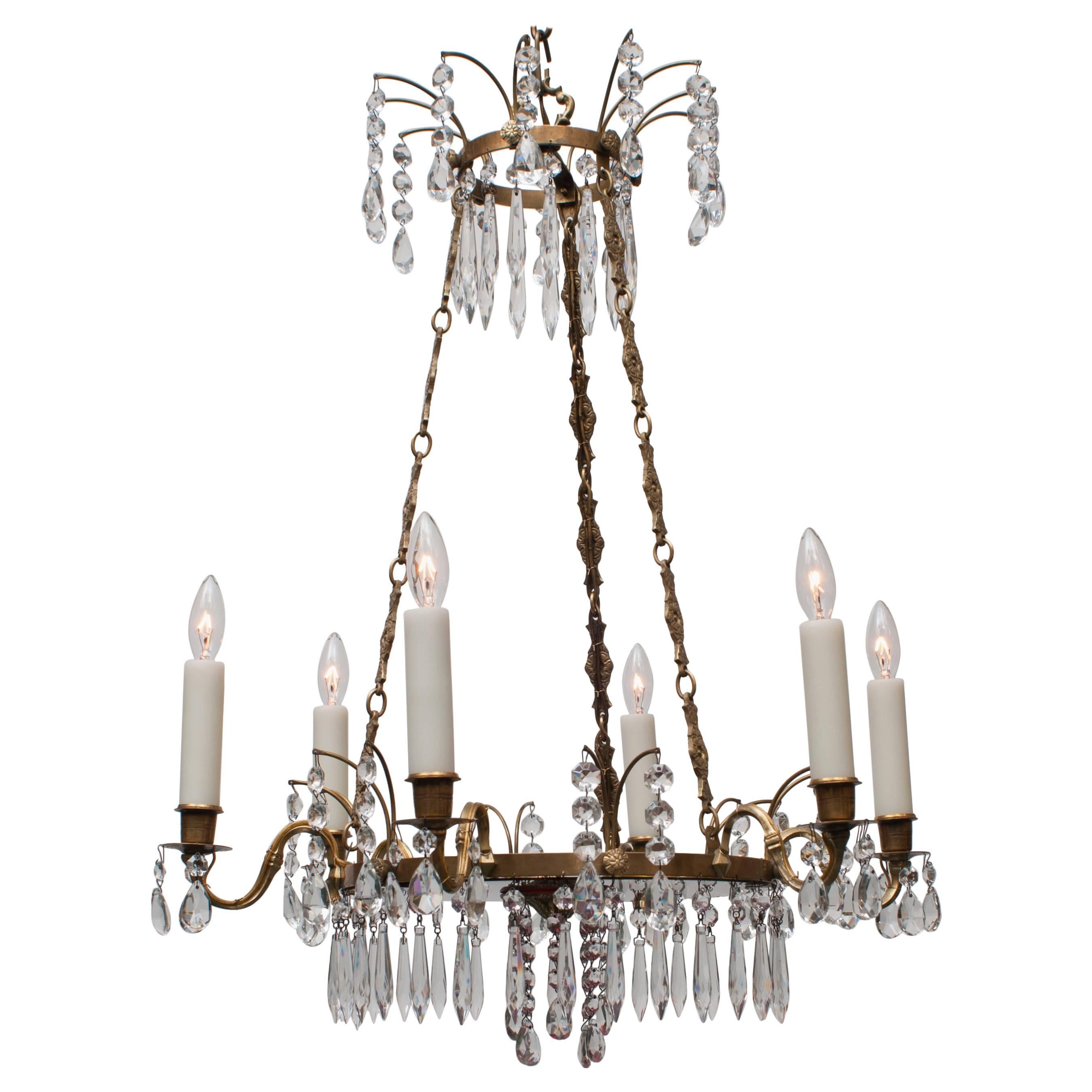 Neoclassic Style Swedish Six-Light Brass and Crystal Chandelier, circa 1910