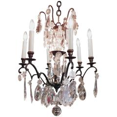 Antique Six-Light Louis XV Style Bronze and Crystal Chandelier