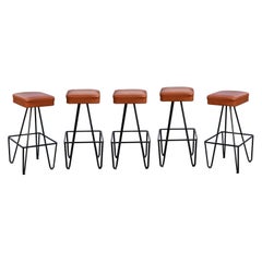 Vintage Set of 5 Frederic Weinberg Square-Leg Iron & Orange Leatherette Upholstery 1950s