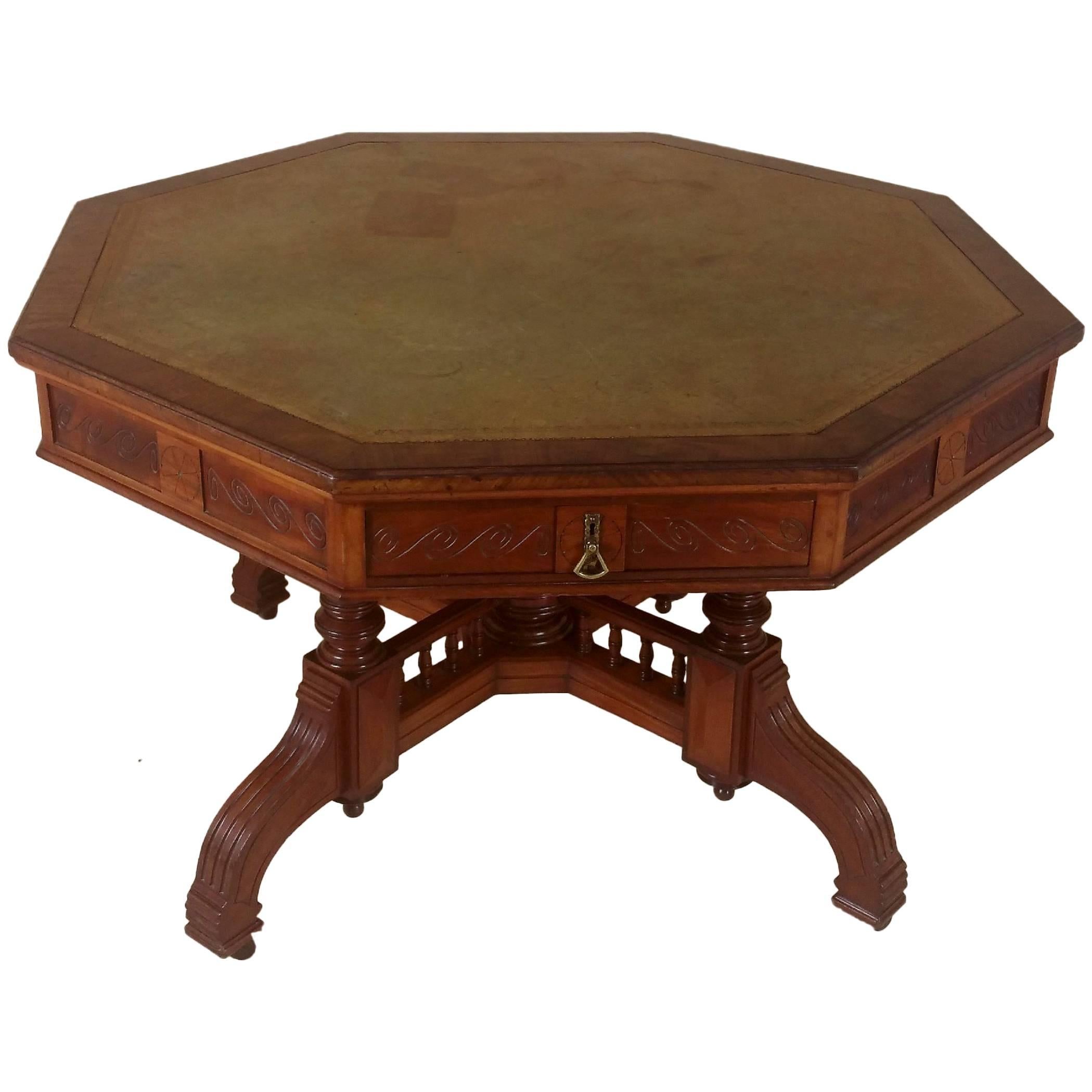 Victorian Walnut Octagonal Arts and Crafts Library Table