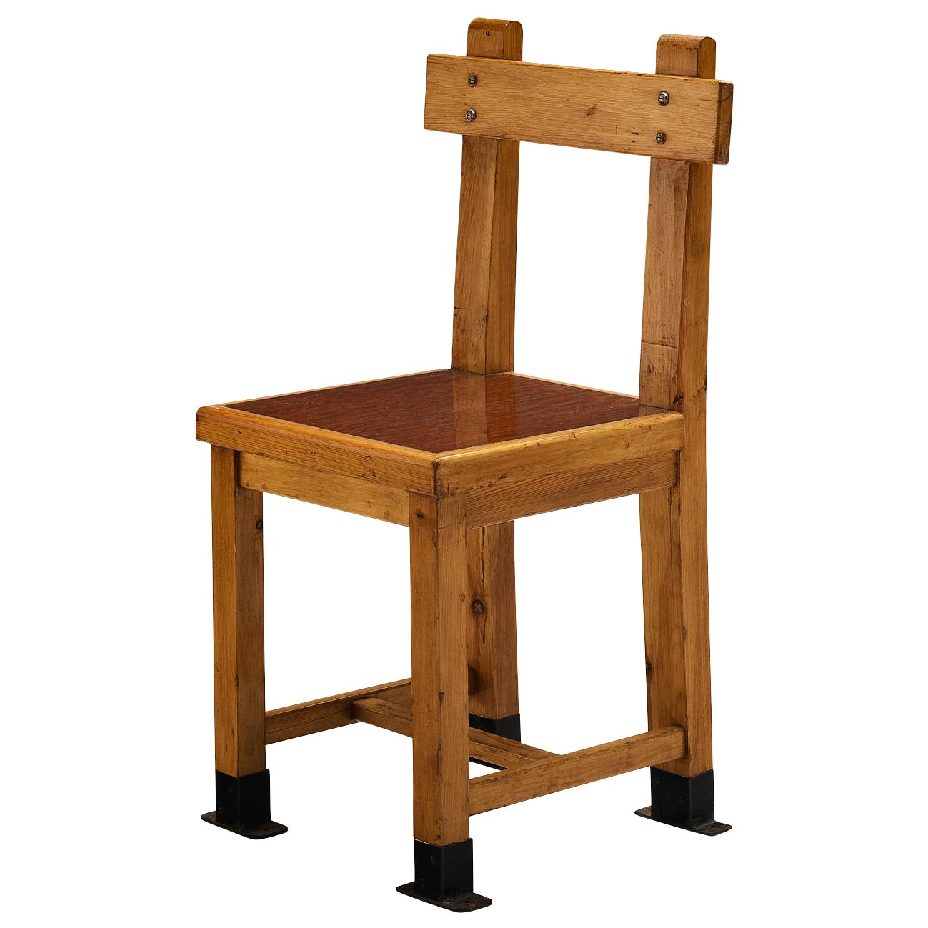 Rare French Dining Chair in Pine with Metal Feet