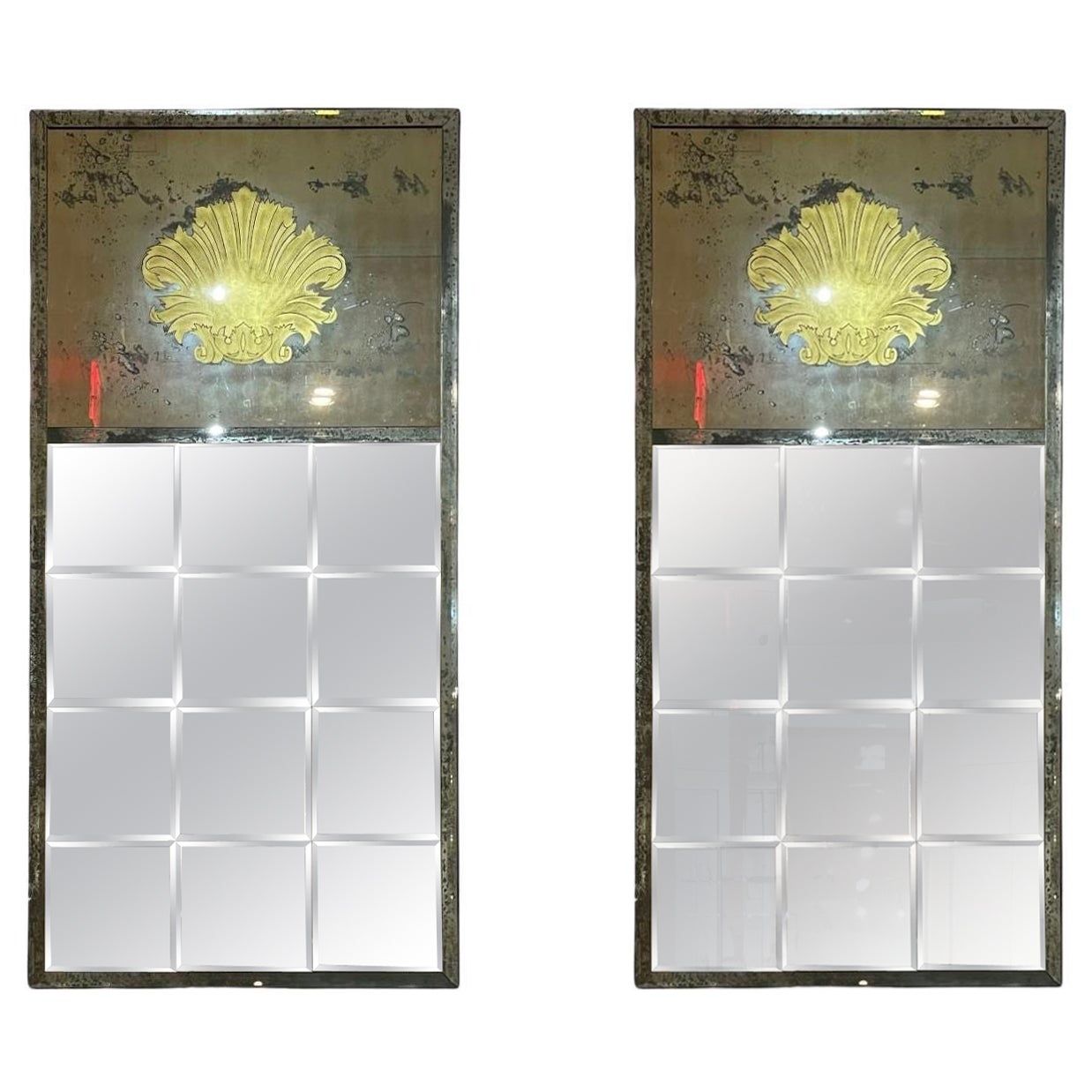 Art Deco Style, Eglomise Glass, Beveled Mirror, Monumental Wall Mirrors, 1960s For Sale