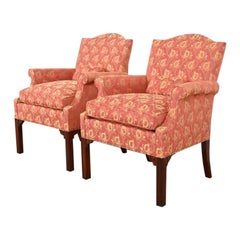 Hickory Chair Chippendale Carved Mahogany Upholstered Lounge Chairs, Pair