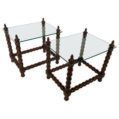 Jacobean Style Turned Wood and Glass End Tables, Pair