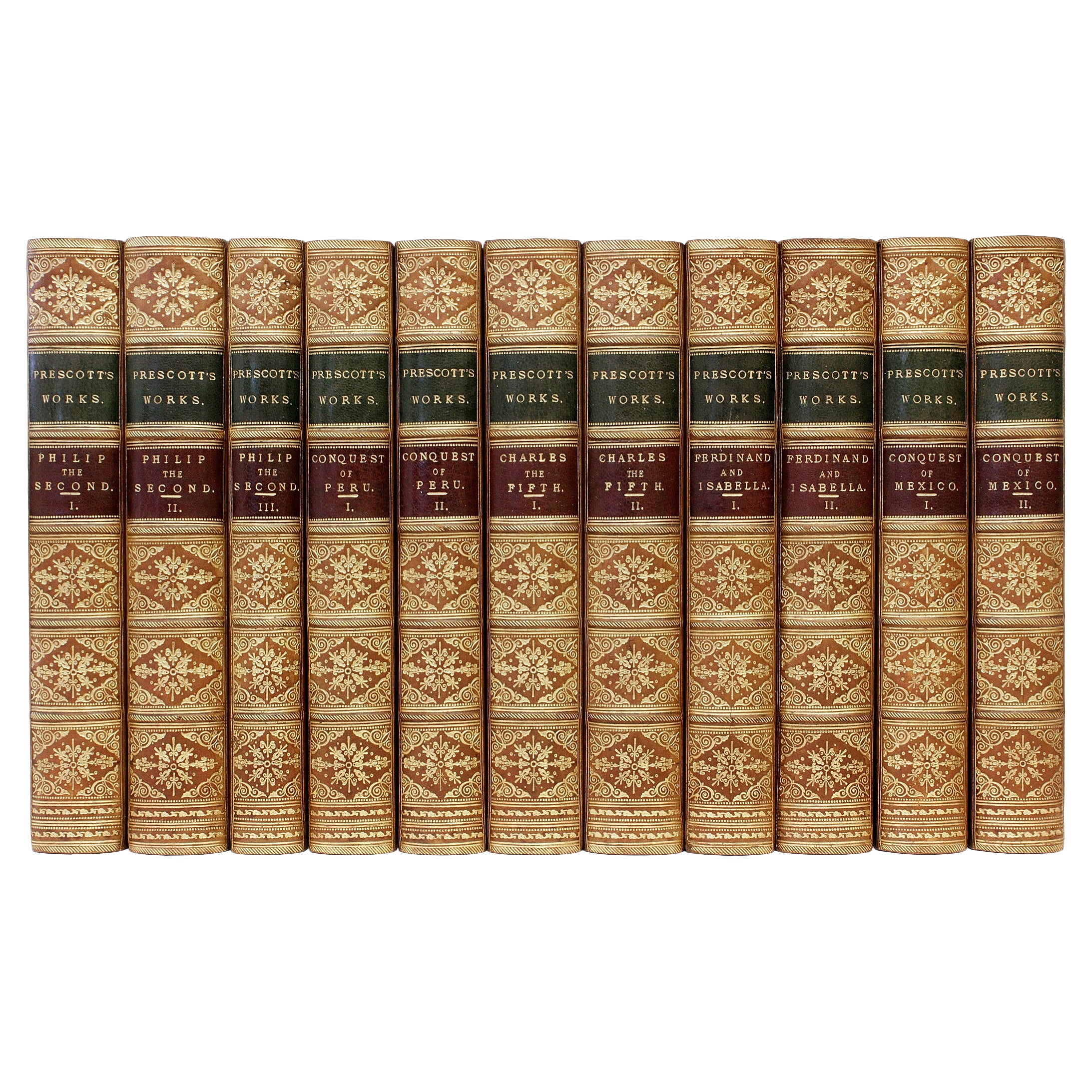 The Works of William H. Prescott - 11 vols. - IN A FULL POLISHED CALF BINDING