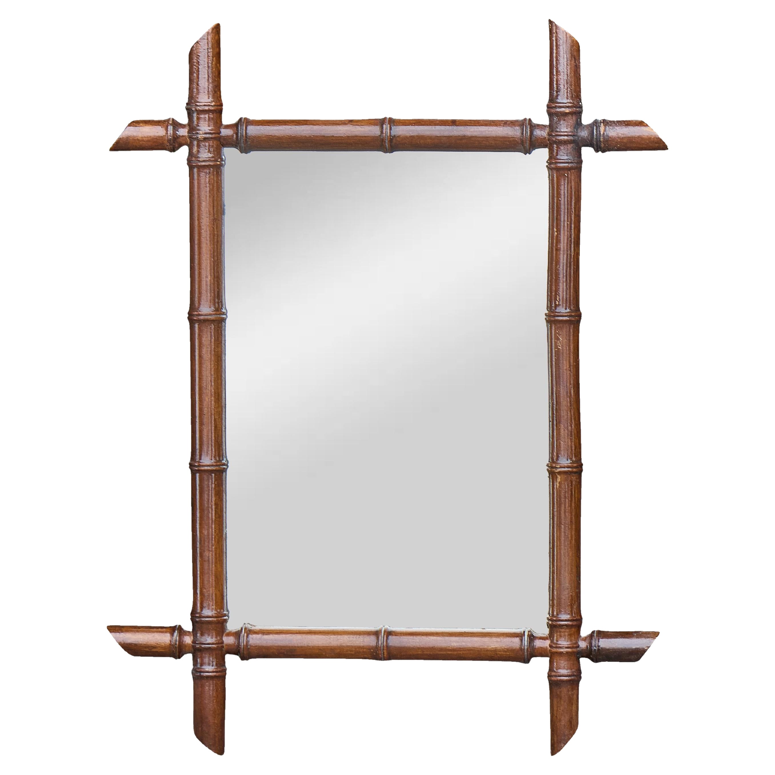 Miroir français en faux bambou et noyer avec cadre sculpté, vers 1900