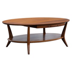 Vintage Henredon Two-Tiered Oval Carved Walnut Coffee Table with Two Drawers