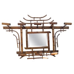 Antique English Colonial Bamboo Pagoda Hanging  Hall Tree With Mirror, 19Th. C.