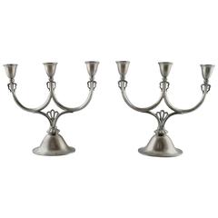 Just Andersen Art Deco Pair of Pewter Candlesticks, Dated 1929