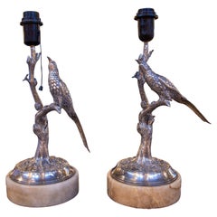 1970s Pair of Silver Lamps with Embossed Birds. Silver weight: 1.5 kg.