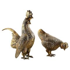 Vintage Two Brass Table Decorations in the Shape of a Rooster and a Hen